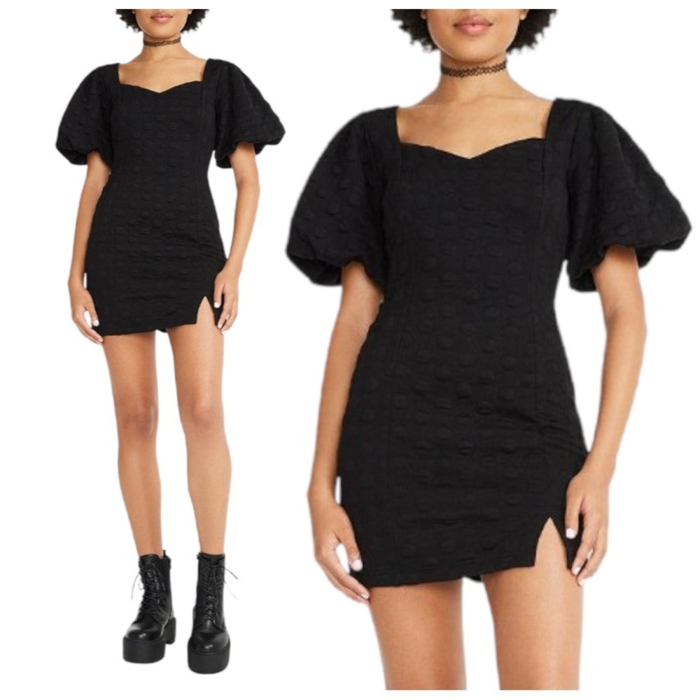 Betsey Johnson Mini Black Dress Women's XXL Mini‎ Puff Short Sleeves Polka Dots